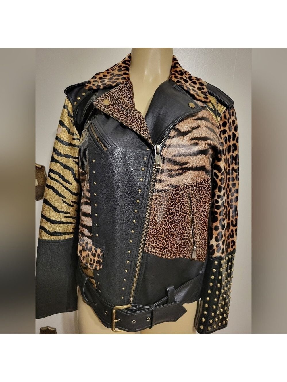 Michael Kors Leather Belt Jacket Chettah Animal Print Fur Studded Biker Jacket - Picture 4 of 16